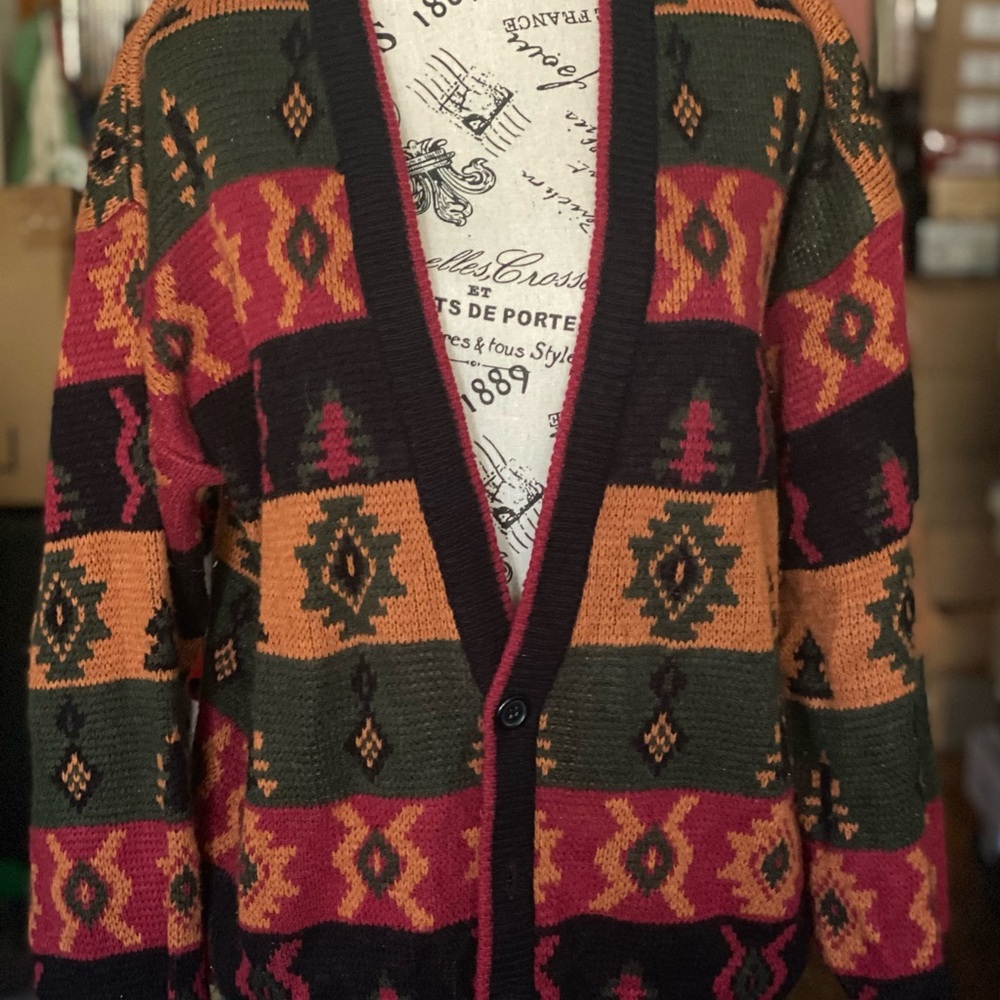Vintage Multicolor Geometric Pattern Cardigan